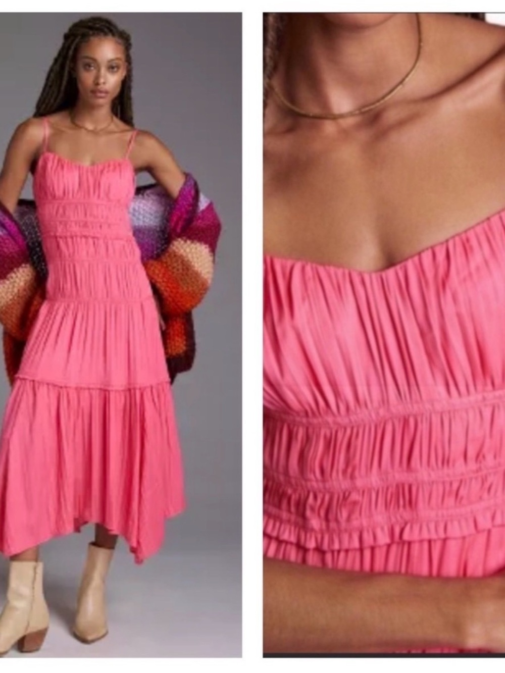 ANTHROPOLOGIE Feminine Smocked Tiered Midi Slip Dress Hot Barbie Pink Size 4